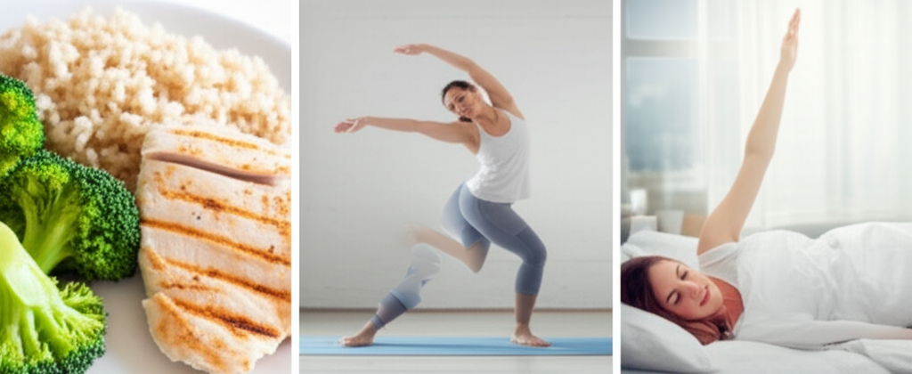 건강한 식단, 운동, 수면이 균형을 이루는 모습