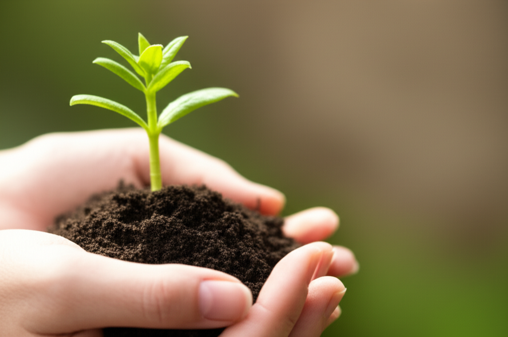 새로운 활력을 상징하는 새싹을 들고 있는 손