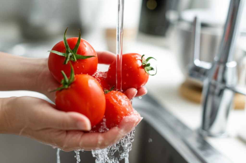 깨끗하게 씻는 스테비아 토마토와 손
