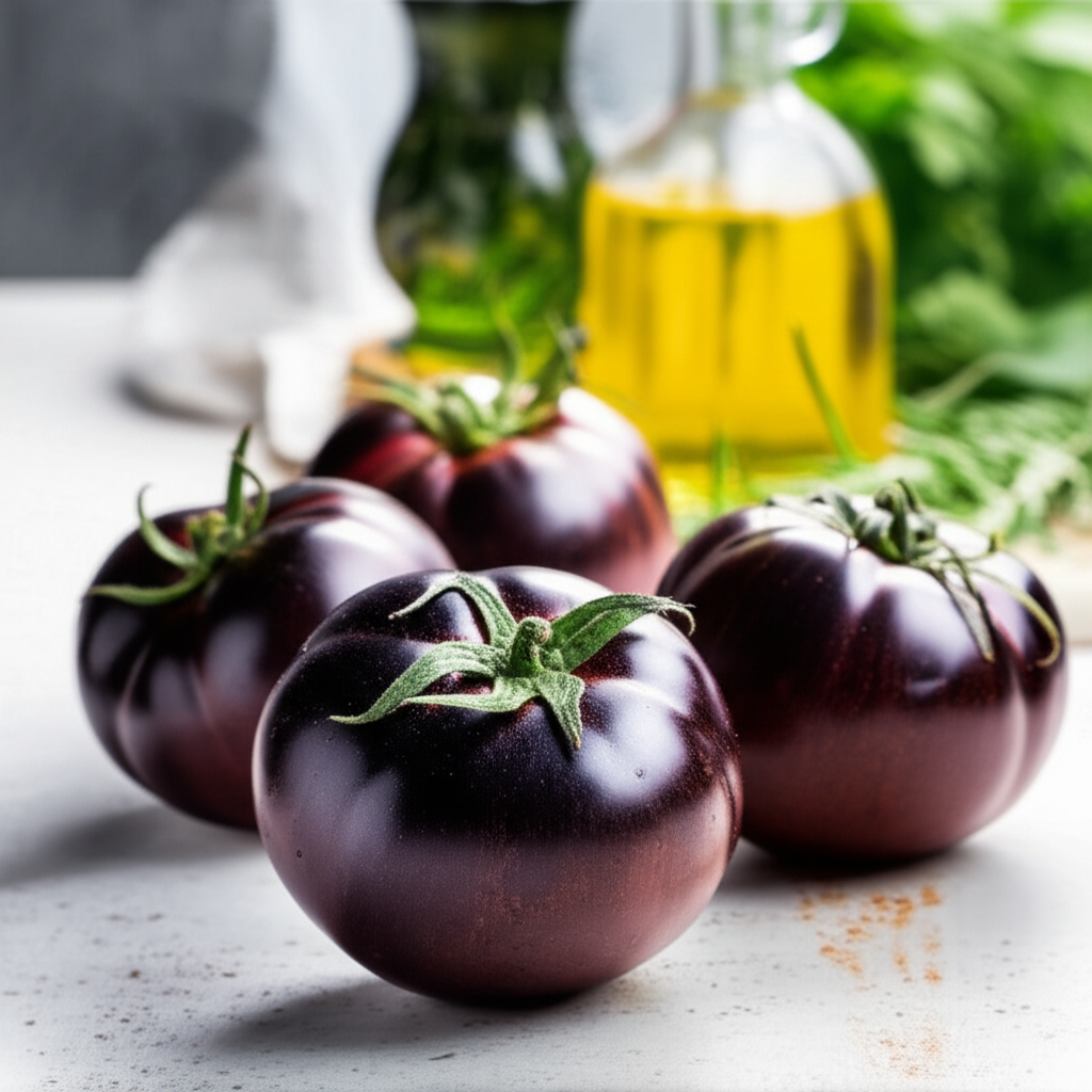 신선한 흑토마토와 건강한 식재료가 있는 주방 풍경