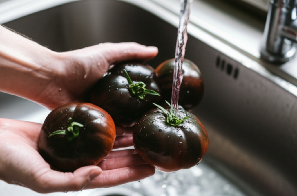 흑토마토를 손질하는 손의 모습