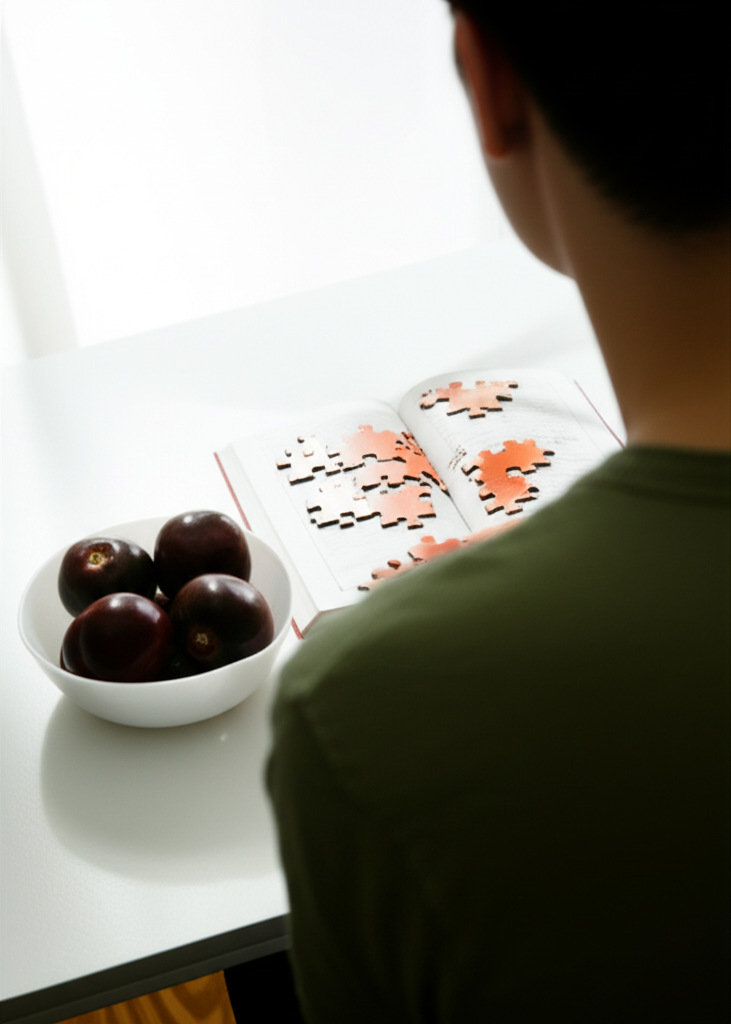 책을 읽거나 퍼즐을 맞추는 사람의 뒷모습