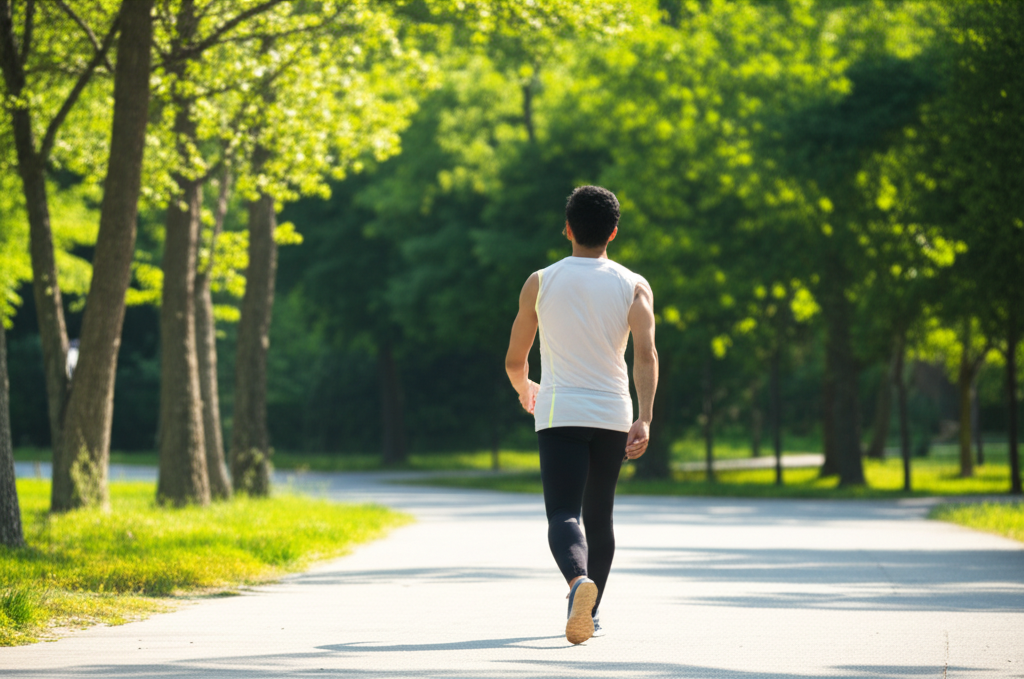 야외에서 가볍게 운동하는 사람의 뒷모습