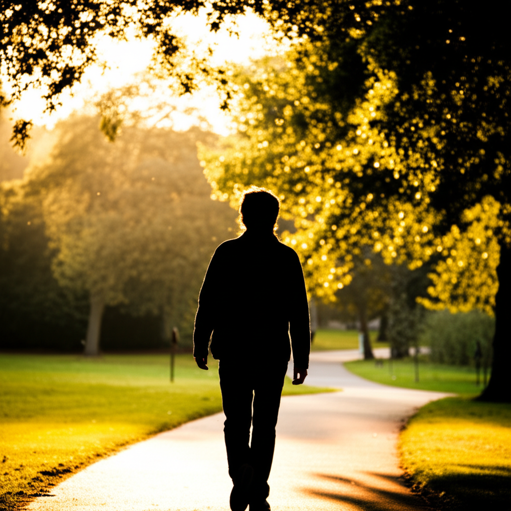 공원에서 산책하는 사람의 뒷모습