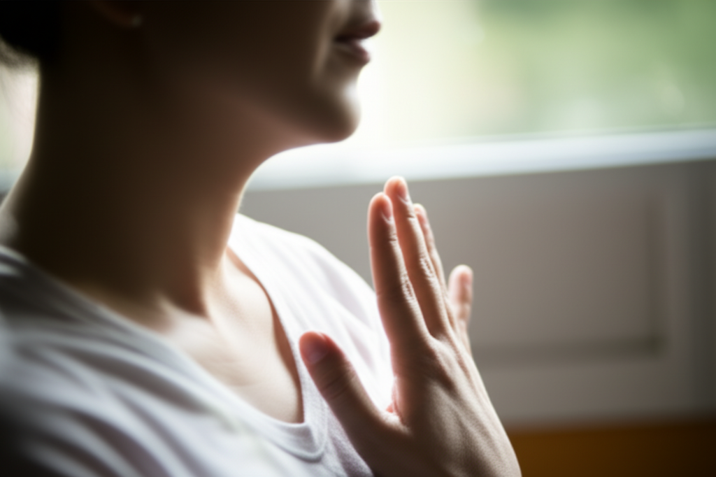 자신의 건강을 생각하며 가슴에 손을 얹은 사람의 뒷모습