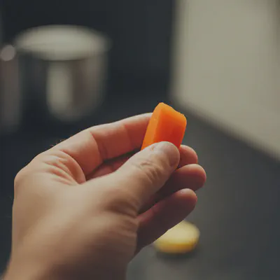 당근 조각을 들고 있는 손