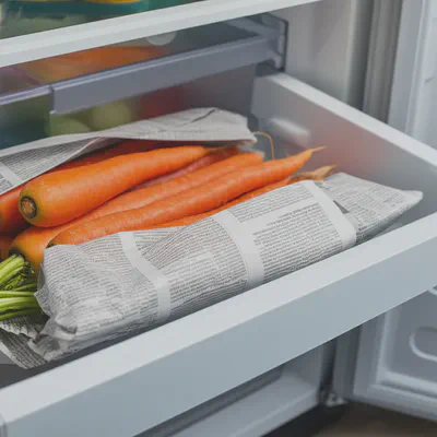 신문지에 싸여 냉장고에 보관된 신선한 당근