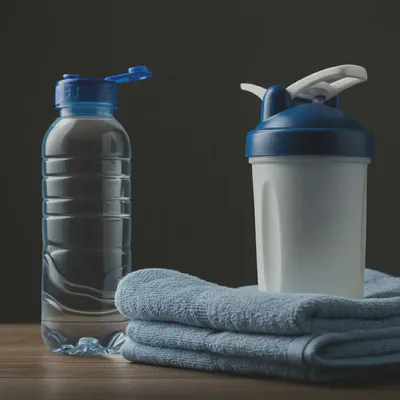 운동 후 수분과 영양 보충을 위한 물통과 프로틴 쉐이크