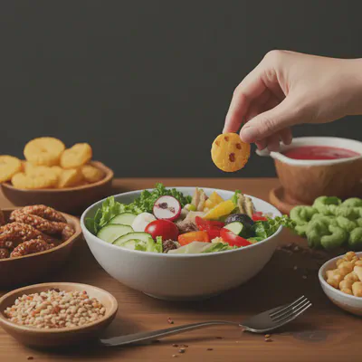 노화예방 식단 실천의 어려움을 상징하는 건강한 음식과 유혹적인 간식