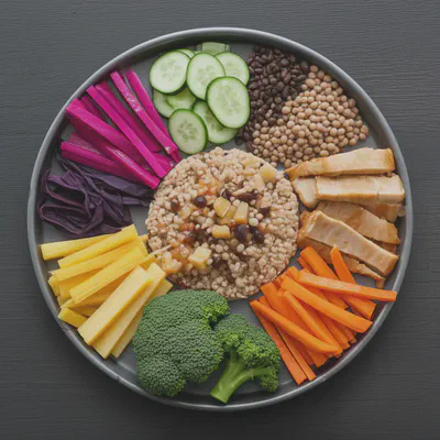 다양한 색깔의 채소와 단백질이 균형 잡힌 건강한 식단 이미지