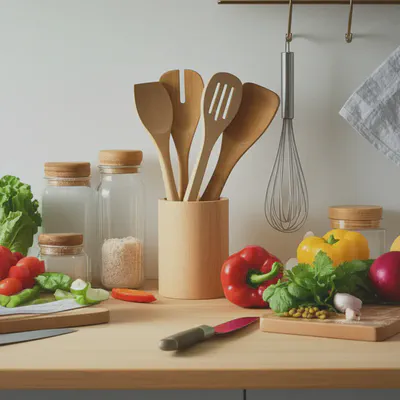 깨끗하고 정돈된 주방과 신선한 재료 이미지