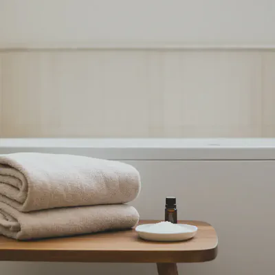 아로마 오일과 타월이 놓인 아늑한 욕실 풍경