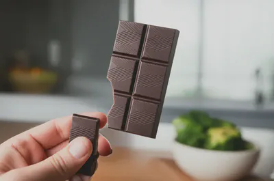손으로 다크초콜릿 한 조각을 떼어내는 모습