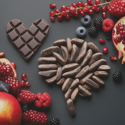 다크초콜릿의 심장 건강, 뇌 기능, 항산화 효과를 상징하는 이미지
