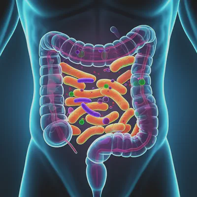 장 건강과 유산균의 중요성을 나타내는 미생물 이미지
