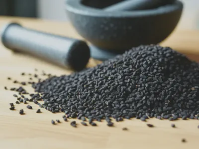 작은 블랙커민씨드들이 나무 표면에 놓여있는 모습