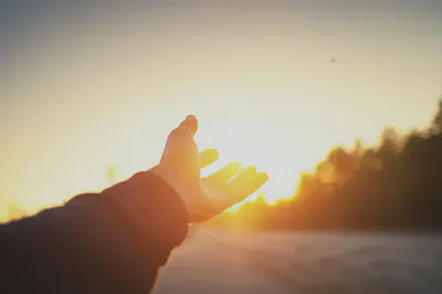 떠오르는 태양을 향해 뻗은 손