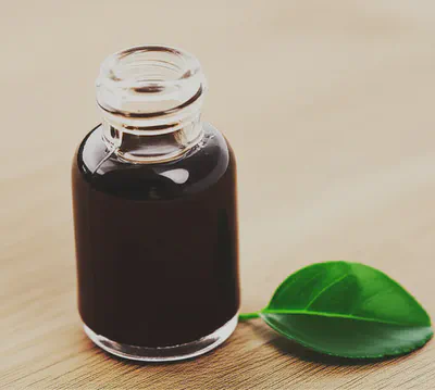 홍삼 농축액이 담긴 유리병과 신선한 잎