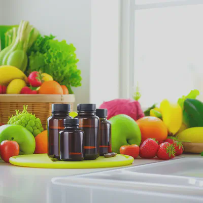 신선한 채소와 건강 보조제가 놓인 깨끗한 주방