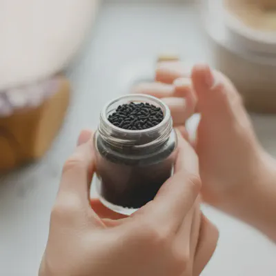 블랙커민씨드를 들고 고민하는 모습