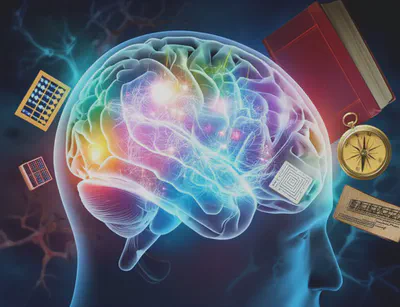 다양한 인지 기능을 상징하는 물체들과 활성화된 뇌 신경망, 뇌 건강 관리의 중요성.