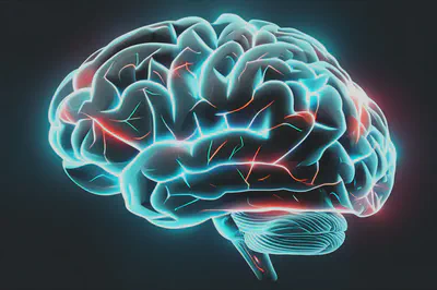 빛나는 신경망이 연결된 뇌 이미지, 뇌 가소성과 활발한 인지 기능.