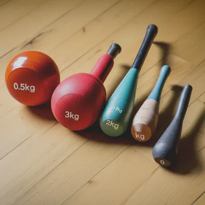 다양한 무게의 인디언 클럽이 정돈된 모습